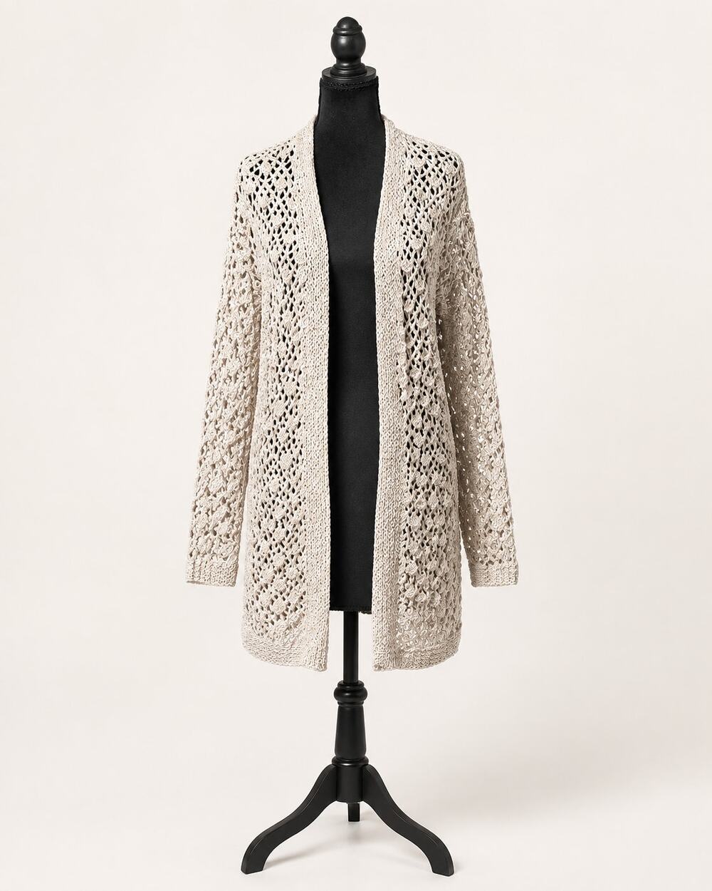 Moon & Madison Cream Crochet Open Front Longline Cardigan Size Small